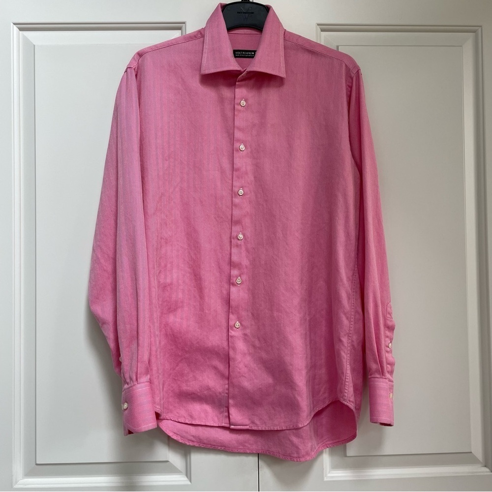 Holt Renfrew Raspberry White Herringbone 100% Cotton Made in Italy Sport Shirt